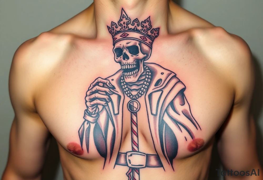evil skeleton king in clothes having a good time getting drunk tattoo idea
