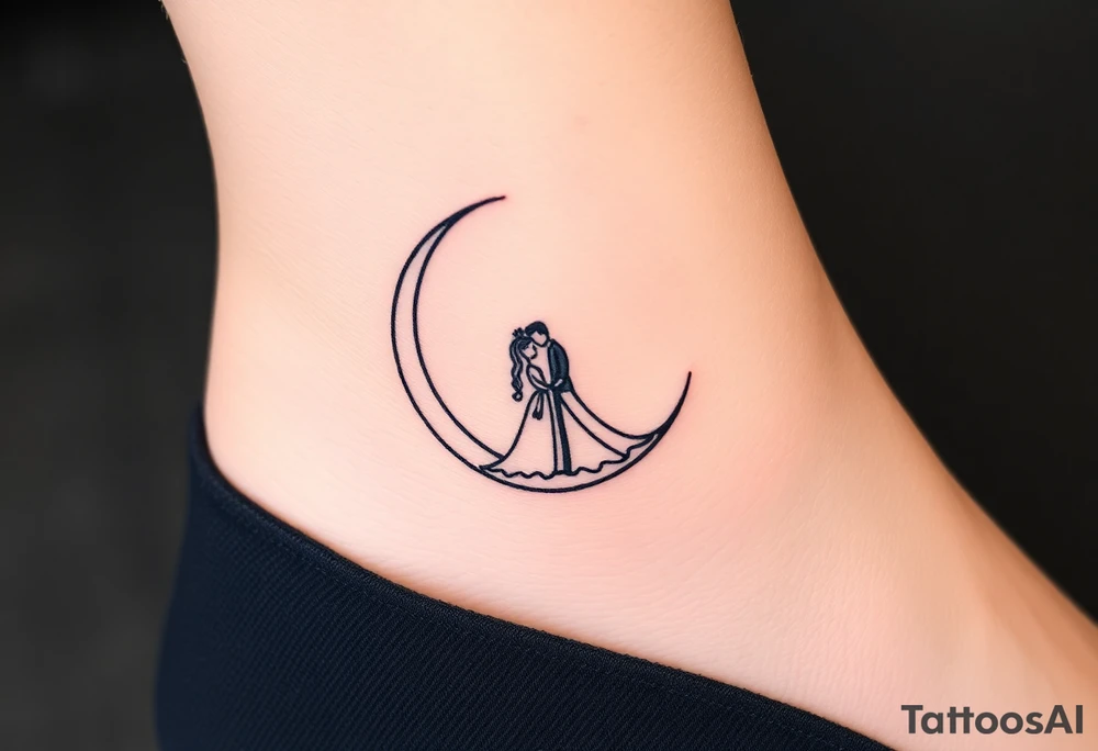 A crescent moon with a bride and groom sitting together on it tattoo idea