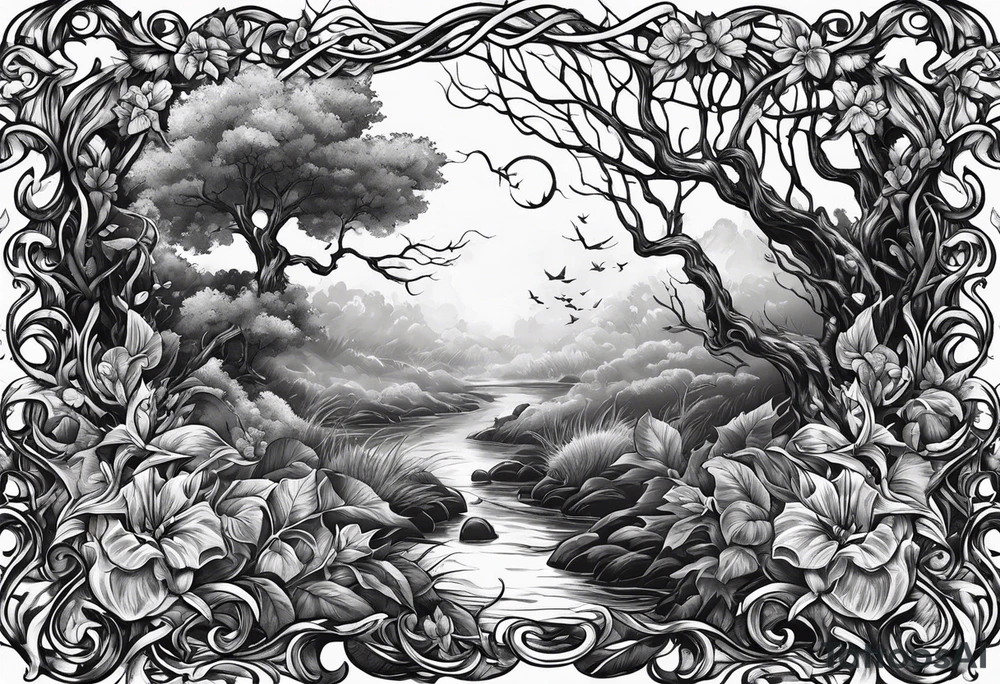 Leafy vines with grave yard tattoo idea