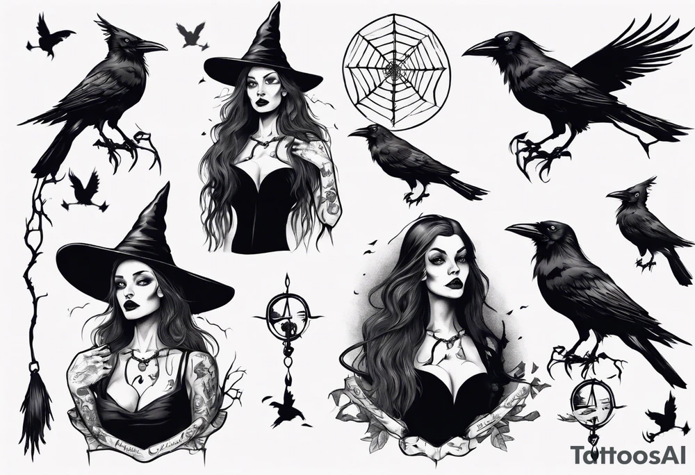 a witch with crows in black and white tattoo idea