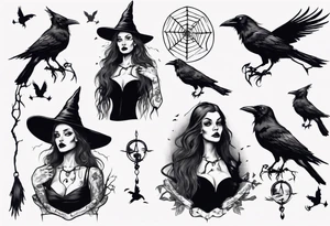 a witch with crows in black and white tattoo idea