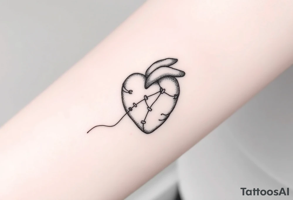 Black and gray fine line tattoo design of a small anatomical heart delicately stitched together with thin, graceful thread lines. The stitches should look gentle and intentional, symbolizing emotional healing, self-acceptance, and love for oneself. Add subtle texture and soft shading to give a poetic, tender feeling — the heart should feel warm, not broken. The style is elegant, feminine, and symbolic, around 7–8 cm, ideal for an arm placement. Avoid cartoonish elements, blood, sadness, or anatomical realism — focus on beauty, resilience, and rebirth through self-love. tattoo idea
