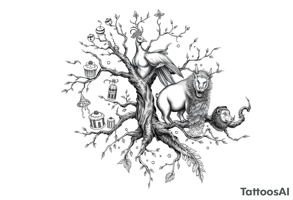 mystical tree with  and celestial branches fat naked sexy woman , peacock , pig , cupcakes, liquor, cigerette, Storm clouds, pig, peacock , fat sexy naked fat woman, cake,  noose , money, goat lion, man having sex, cigerette, storm lightening, killing, darkness death, violent majestic creatures tattoo idea