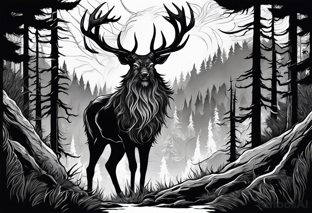 A SCARY lore accurate wendigo surrounded by a forest fire in background tattoo idea