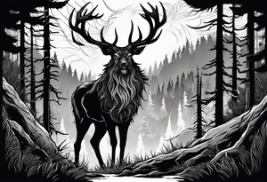 A SCARY lore accurate wendigo surrounded by a forest fire in background tattoo idea