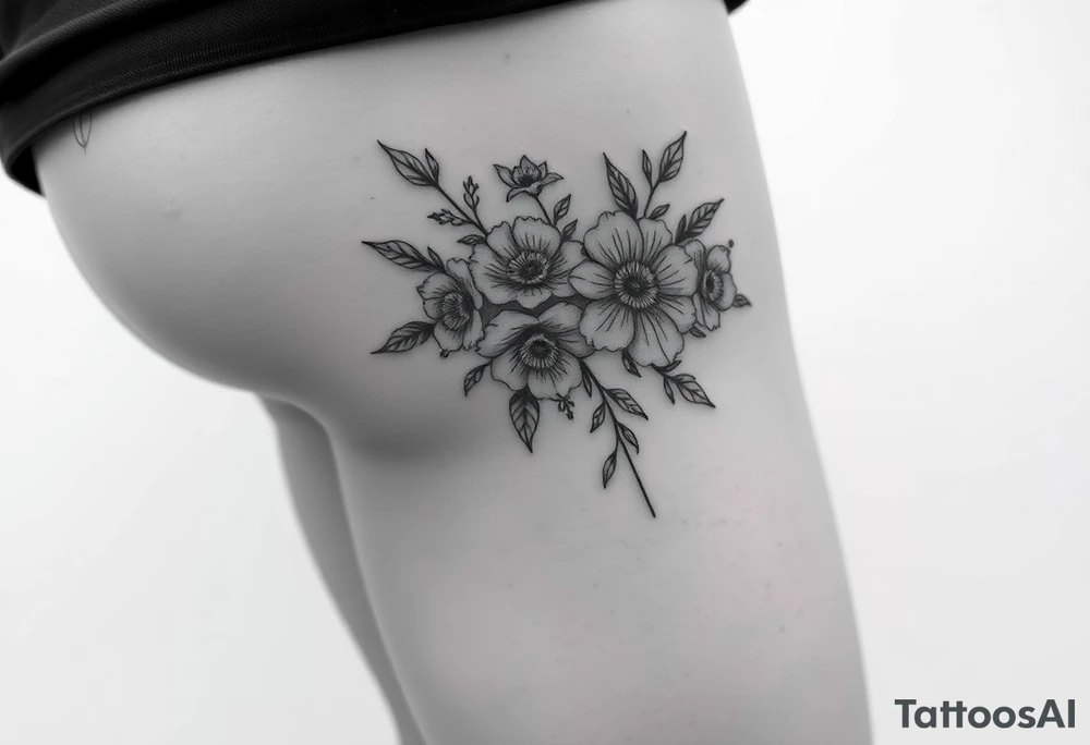 Hip and thigh tattoo with Thinner lines and flowers something dainty but also bohemian with maybe a touch of an insect or small animal tattoo idea