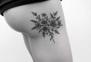 Hip and thigh tattoo with Thinner lines and flowers something dainty but also bohemian with maybe a touch of an insect or small animal tattoo idea