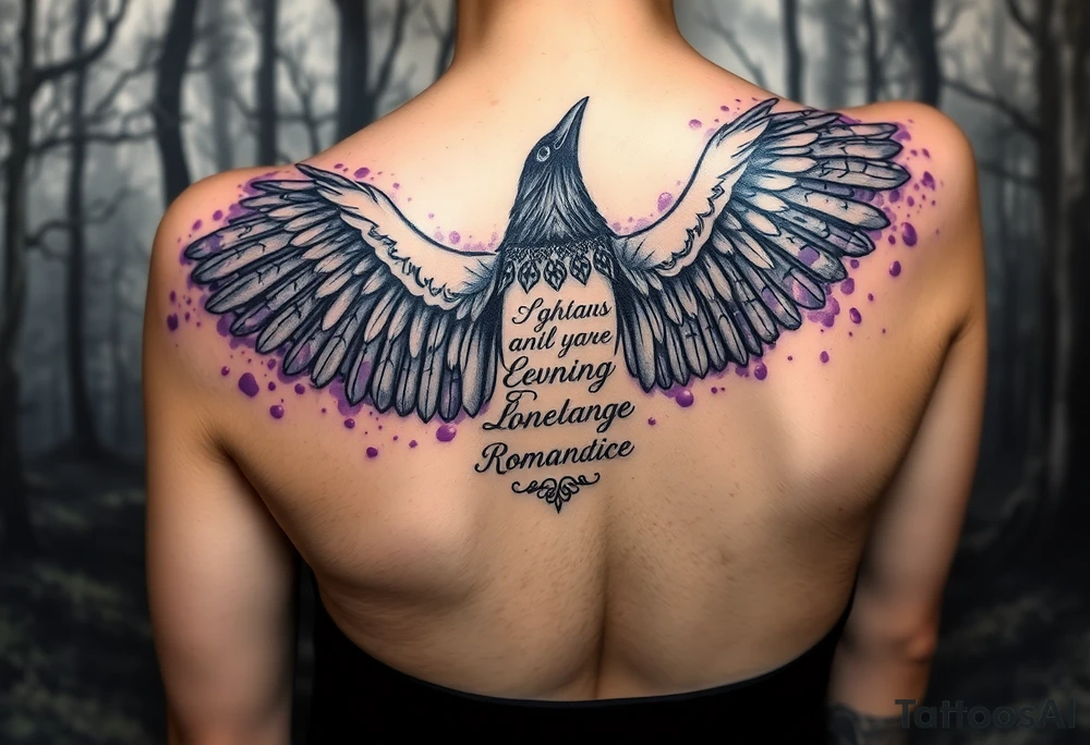 A arm sleeve for ladies with a raven with open wings up, in a misty forest, purple shade watercolours coming from the wings, ethereal and vivid, Celtic/Viking symbols or marks with cursive romantic words tattoo idea