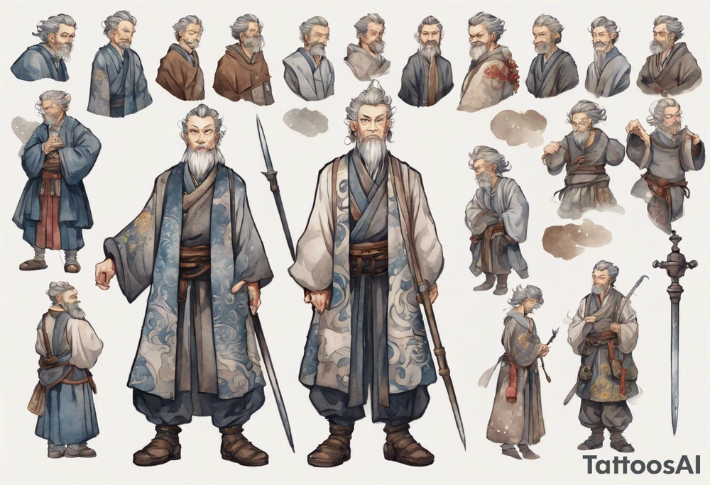 a tall, handsome middle-aged man with salt-and-pepper hair, brown skin, grey eyes wearing medieval clothing standing tattoo idea