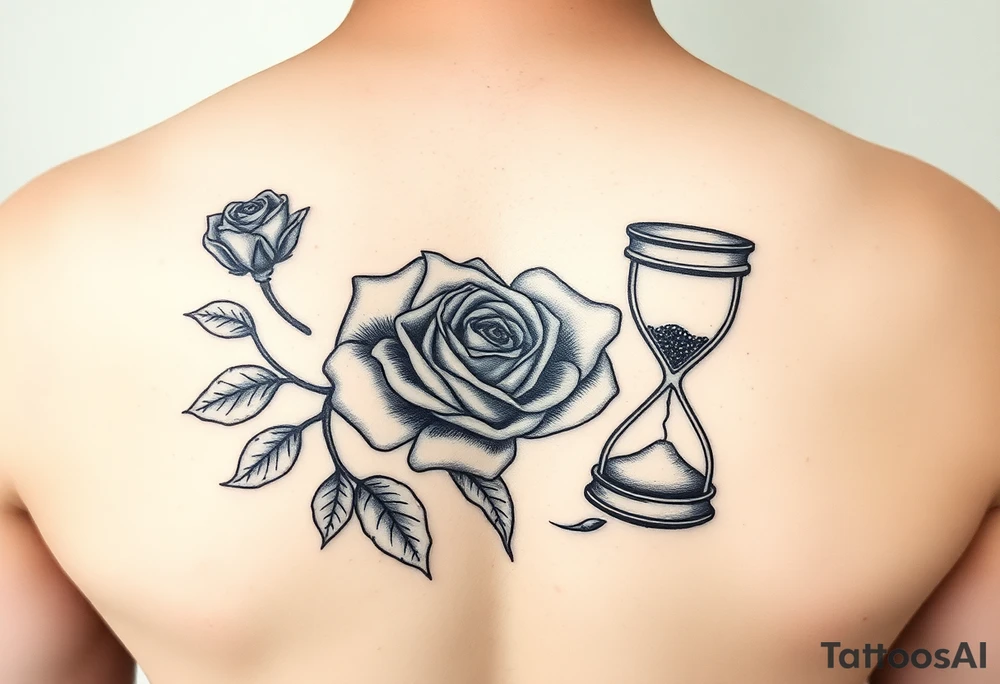 Arose in the shape of a heart with pieces of the Rose blowing away in the wind and the other half an hourglass with the sand out of time black and white feminine tattoo idea