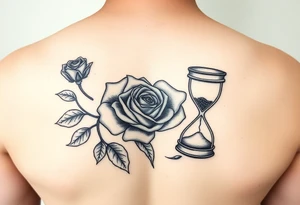 Arose in the shape of a heart with pieces of the Rose blowing away in the wind and the other half an hourglass with the sand out of time black and white feminine tattoo idea
