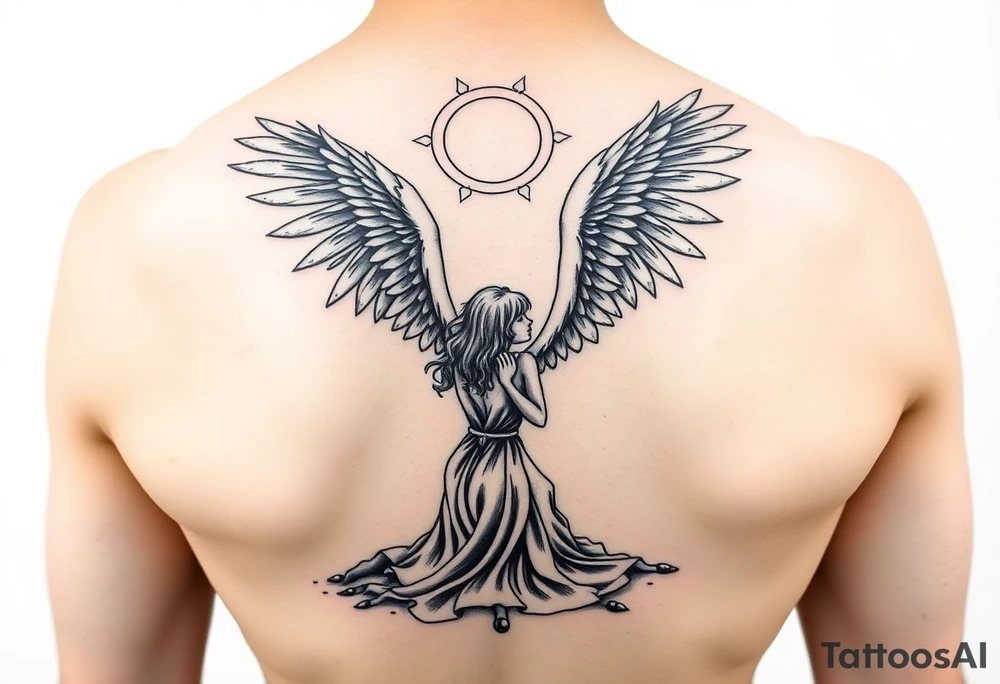 Dante Mikha'el fallen angel on her knees looking sky while her shining wings obsessed with dark and she holding his broken halo tattoo idea
