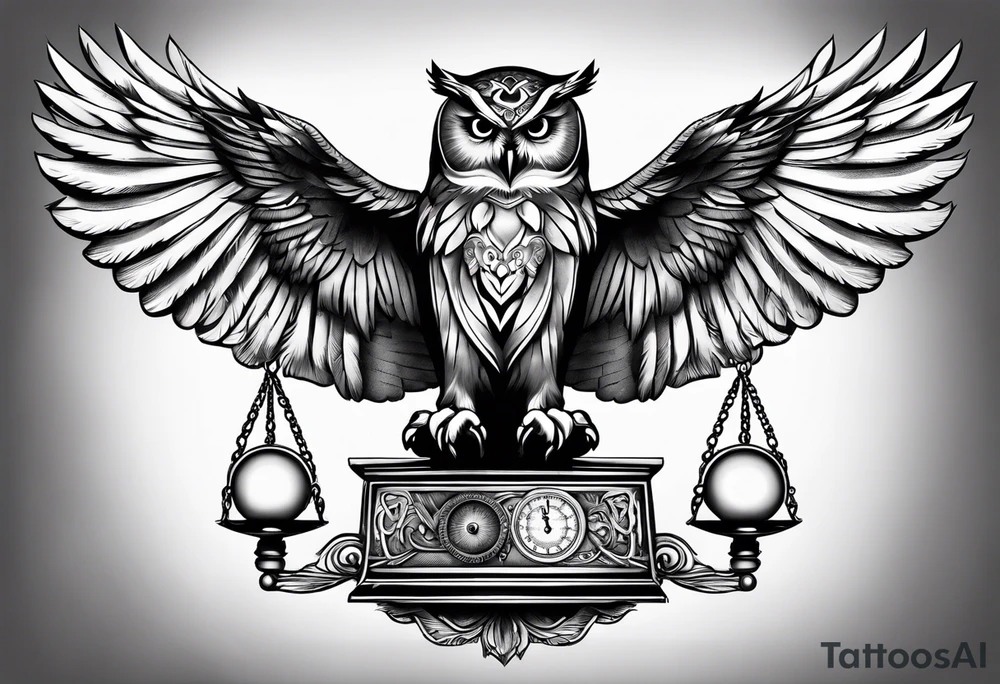 Flying owl holding a Libra scale with its claws tattoo idea Flying owl holding a Libra scale with its claws tattoo idea
