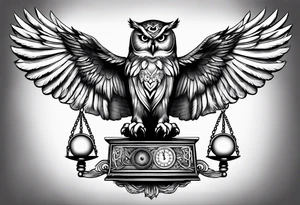 Flying owl holding a Libra scale with its claws tattoo idea