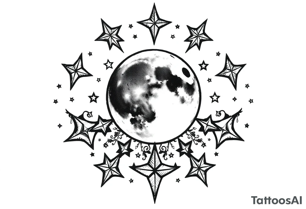 1x10^23 surrounded by cascade of stars and moon tattoo idea