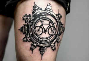 A mechanical gear system with a hidden bicycle silhouette inside, using black and gunmetal gray for a sleek industrial aesthetic. tattoo idea