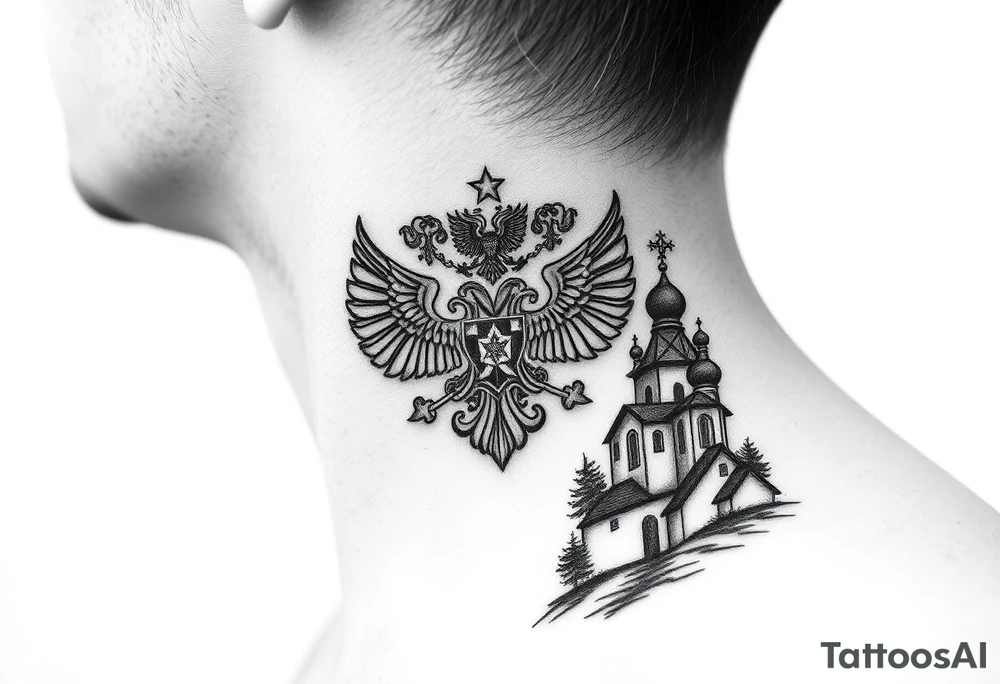 russian coat arms in a russian christian orthodox cross with the cross in the middle with a virgin mary & orthodox dome church on the side of the neck in a wilderness setting tattoo idea