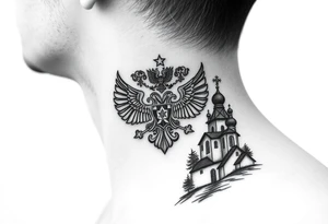 russian coat arms in a russian christian orthodox cross with the cross in the middle with a virgin mary & orthodox dome church on the side of the neck in a wilderness setting tattoo idea