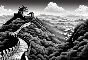 Great Chinese wall, realistic, art, gezeichnet, fine line, black and grey, sky tattoo idea