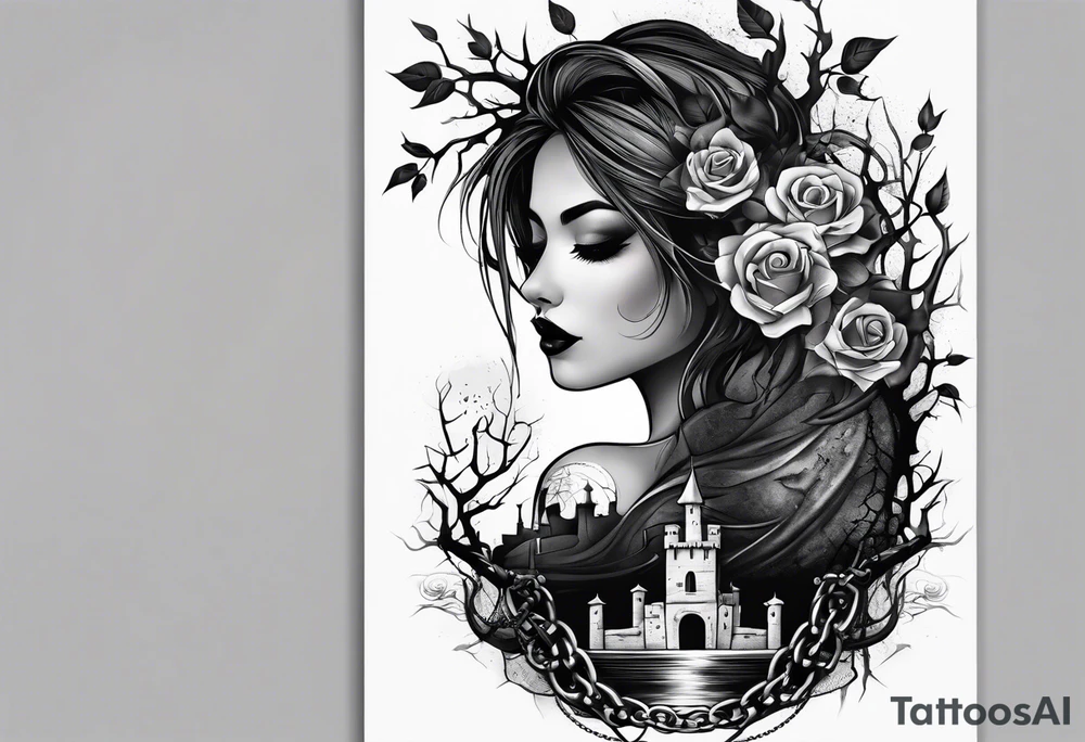 tattoo fool sleeve, dark gothic castle, tree roots break out of the chains, broken mask, girl, roses tattoo idea