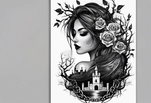 tattoo fool sleeve, dark gothic castle, tree roots break out of the chains, broken mask, girl, roses tattoo idea