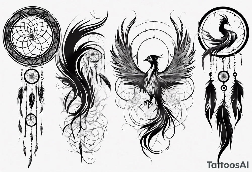 Vertical Phoenix in circles with abstract dream catcher tail tattoo idea Vertical Phoenix in circles with abstract dream catcher tail tattoo idea