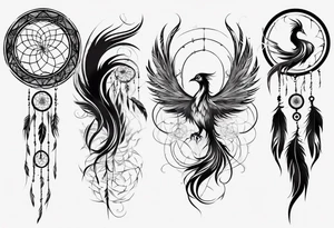 Vertical Phoenix in circles with abstract dream catcher tail tattoo idea