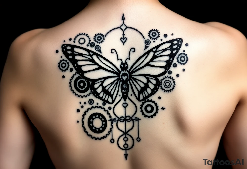 tattoo design for back spine with techno mechanical aspects representing life and eternity.  sprockets gears screws levers hearts circles love universe spiral butterfly tattoo idea