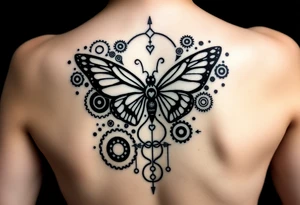 tattoo design for back spine with techno mechanical aspects representing life and eternity.  sprockets gears screws levers hearts circles love universe spiral butterfly tattoo idea