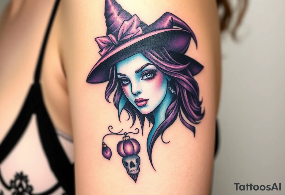 A witches portrait with purple and teal accents and halloween ornaments tattoo idea