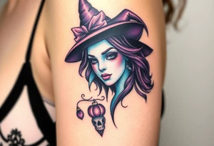 A witches portrait with purple and teal accents and halloween ornaments tattoo idea