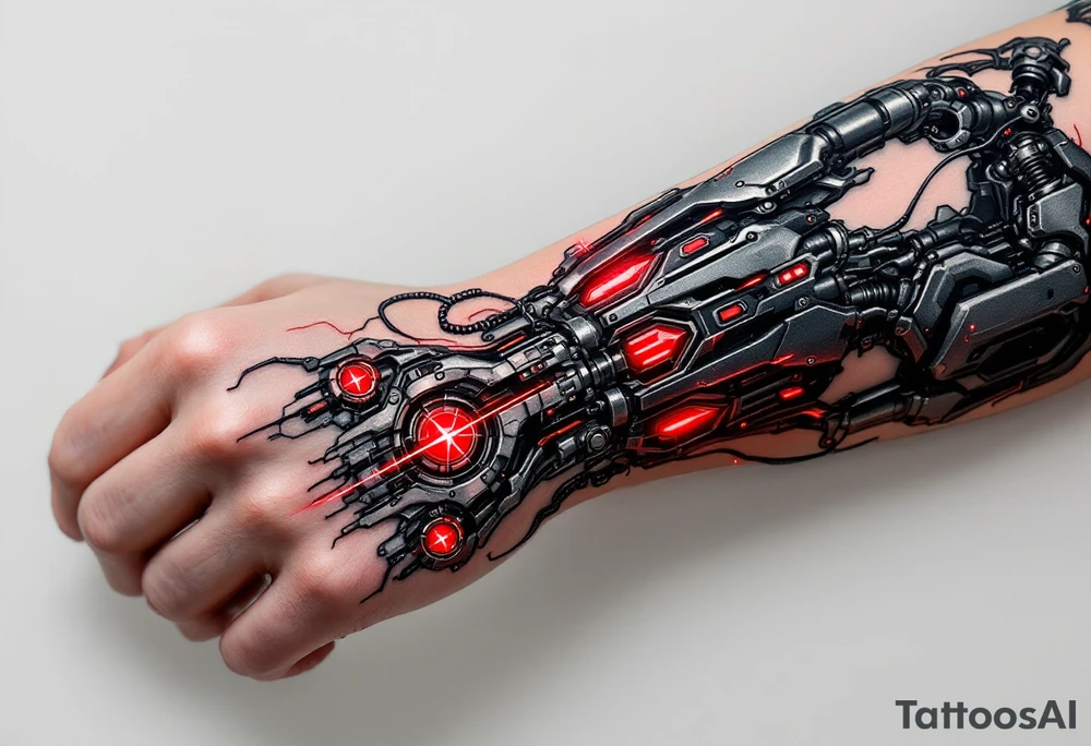 A biomechanical forearm sleeve with blackened steel tendons and pulsing red LED-like highlights under semi-transparent skin. tattoo idea