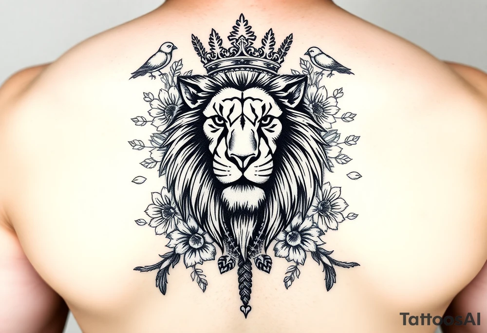 powerful majestic lion with a crown, surrounded by floral ornaments and birds tattoo idea