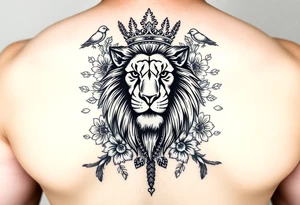 powerful majestic lion with a crown, surrounded by floral ornaments and birds tattoo idea