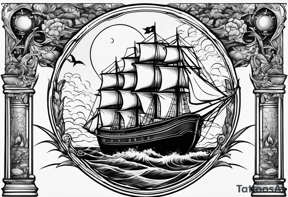 bateau, phare maritime et lune bleu tattoo idea