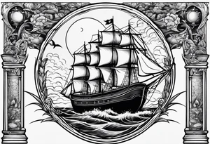 bateau, phare maritime et lune bleu tattoo idea