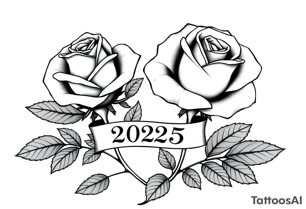 two beautiful large rose buds, one larger than the other, with many leaves next to the rose buds, with one sitting higher than the other. Include a banner connecting the two roses with the year "2025" on it.   Use dark outlines with little shading. The two stems should be short, not long, and connect and join into one stem, whimsically curved or twisted - not straight down. tattoo idea