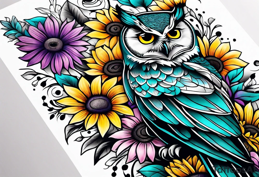 Leg Sleeve with black and white owl that's lightly shaded teal, pink and purple and yellow sunflowers tattoo idea