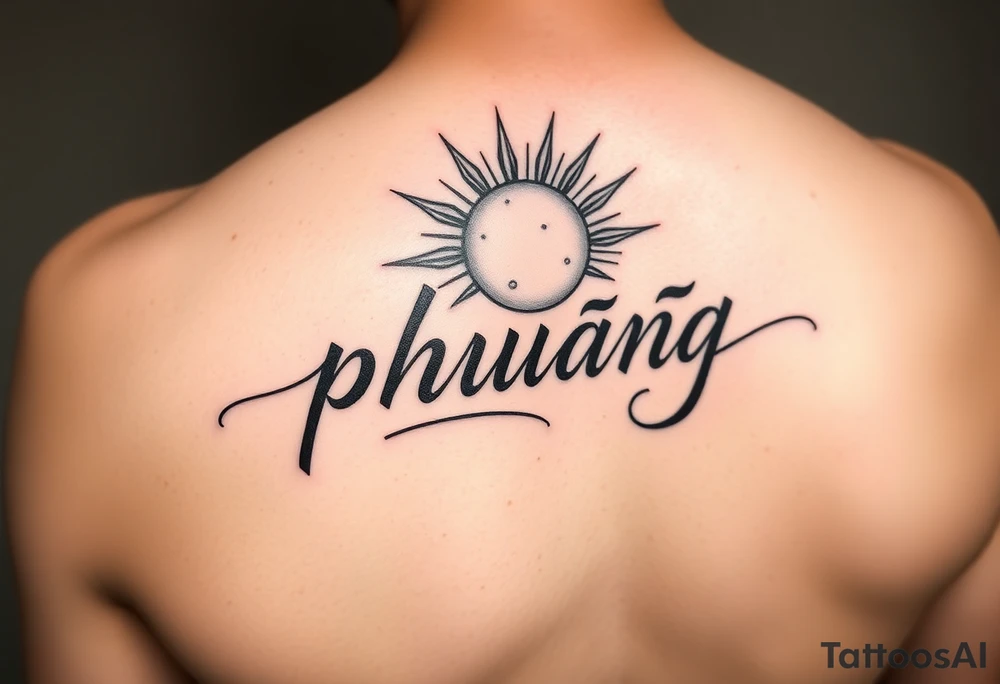 Word "phuong" written with sun inner arm tattoo idea