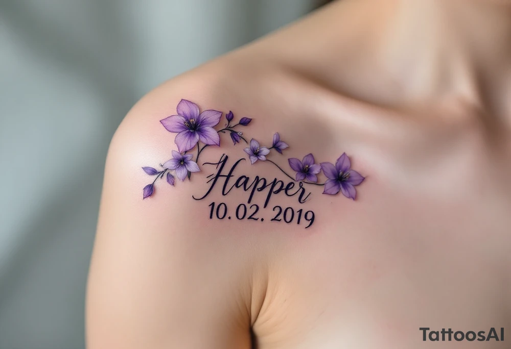 Hana 10. 02. 2019) – Soft violet and lilac flowers winding around Harper's birthdate, with subtle silver details. tattoo idea