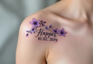 Hana 10. 02. 2019) – Soft violet and lilac flowers winding around Harper's birthdate, with subtle silver details. tattoo idea