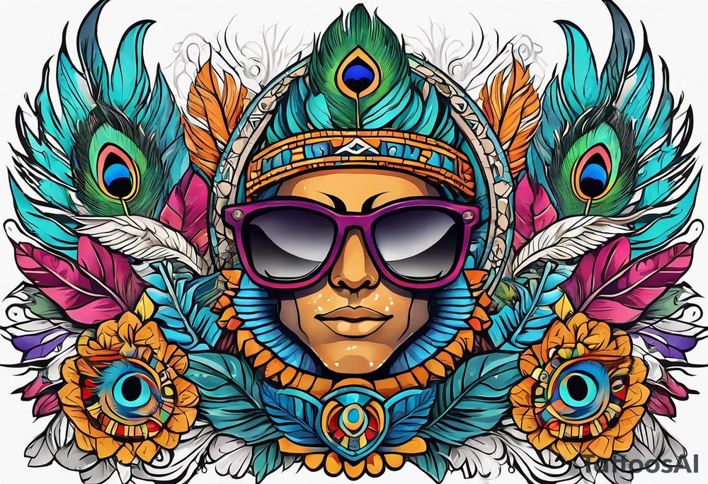 Colorful Mayan hieroglyph wearing sunglasses with water bats and peacock feathers tattoo idea