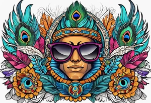 Colorful Mayan hieroglyph wearing sunglasses with water bats and peacock feathers tattoo idea