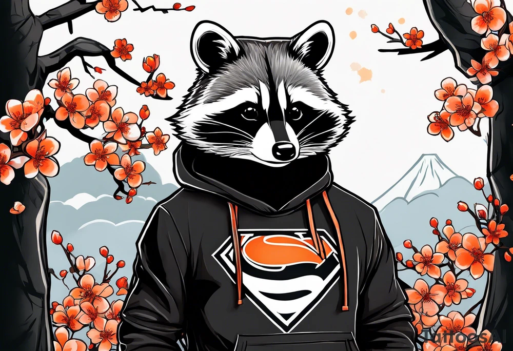 Raccoon wearing a white Superman logo on a black hoodie and orange Japanese cherry blossoms beside tattoo idea