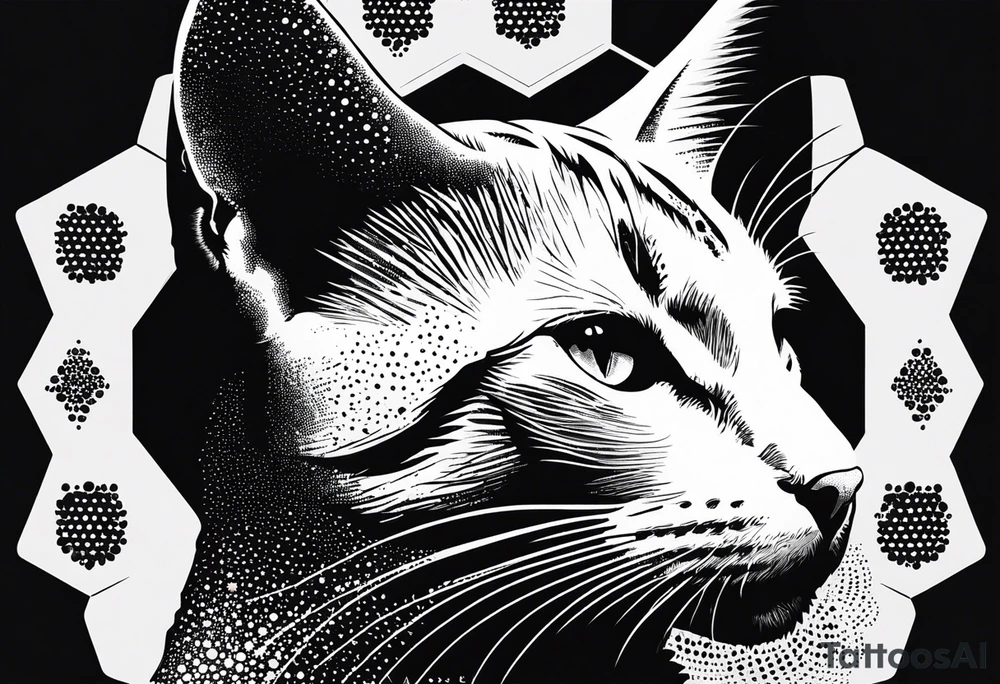 cat, abstract, geometric, lines, halftone, splatter, cat paw, hexagon, vertical tattoo idea