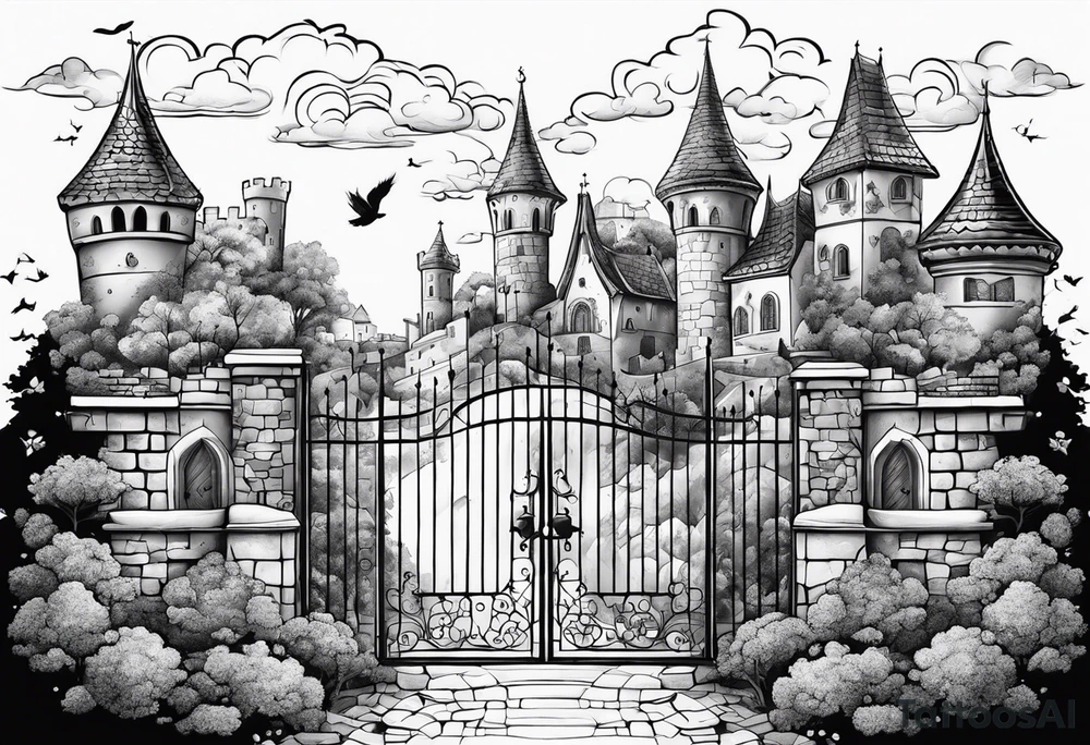 sky medieval town garden with towers small houses gate entrance clouds
 in twisted  vignette tattoo idea