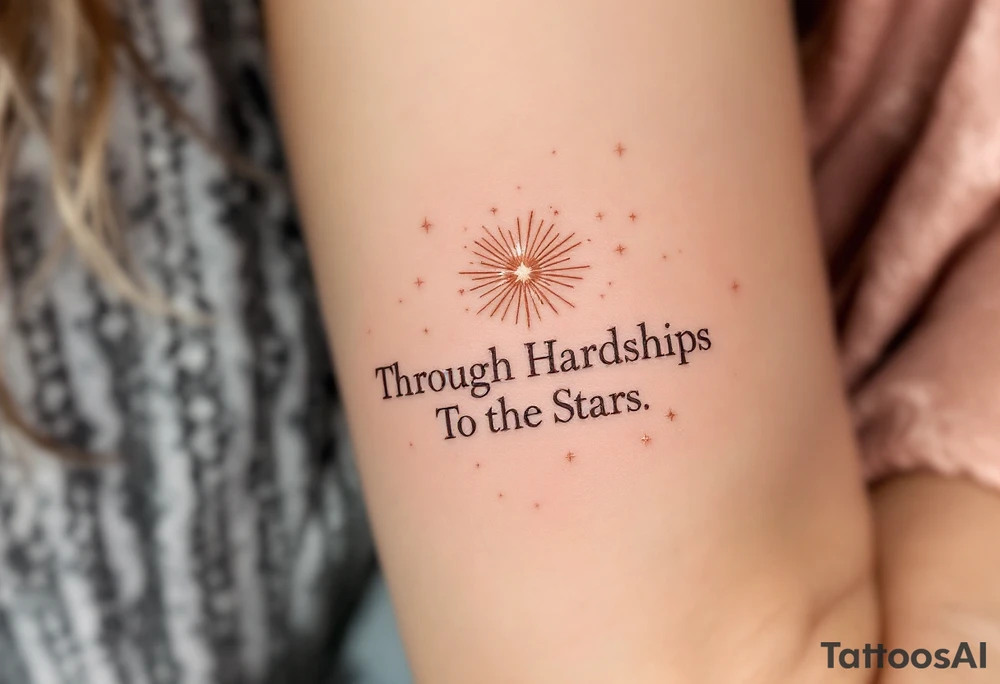 Etched in rose gold ink, the quote “Through Hardships To the Stars” hugs the curve of the ribs beneath a delicate starburst cluster. tattoo idea