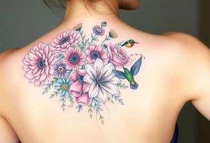 Bouquet of flowers With pastel carnation, Aster, rose, Lily, two Larkspur,  narciussus, And two little hummingbirds. tattoo idea