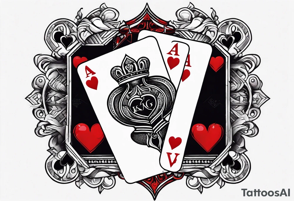 Only  Two cards, king of hearts with the K in the middle of the card and hearts in the corners and the Ace of spades behind it with the A in the corner peeking from behind the king of hearts card tattoo idea