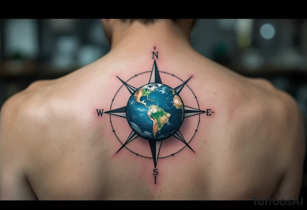 A small detailed Earth in rich cobalt and forest green floats inside a fine black geometric compass. tattoo idea